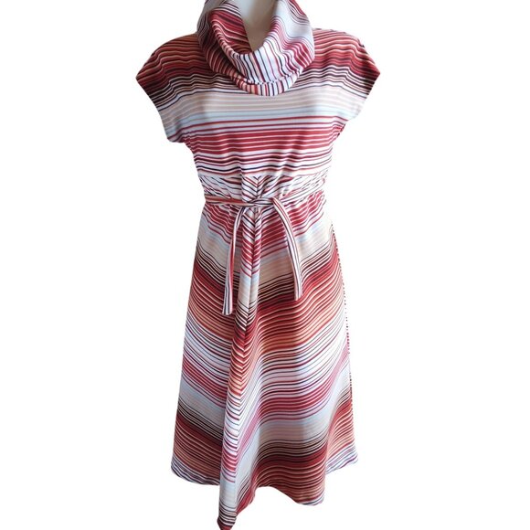 Vintage Women's Dress Small Boho 1970's Stripe Cowl Neck Knee-Length Belted - Picture 2 of 6